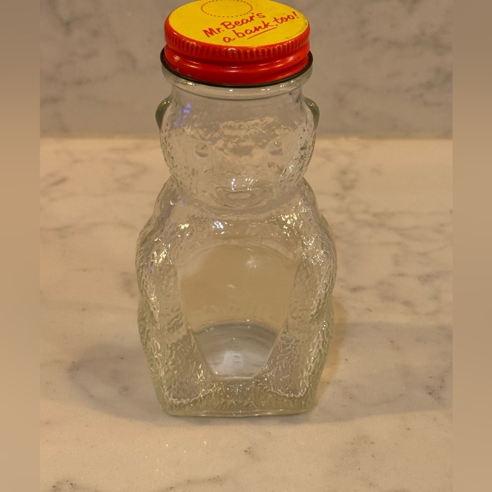 Vintage Clear Glass Mr. Bear Jar with Red Lid